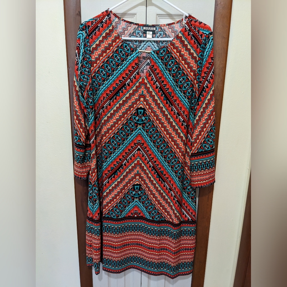 🧡 Haani Multicolored Geometric Long Sleeve Midi Dress Size XL